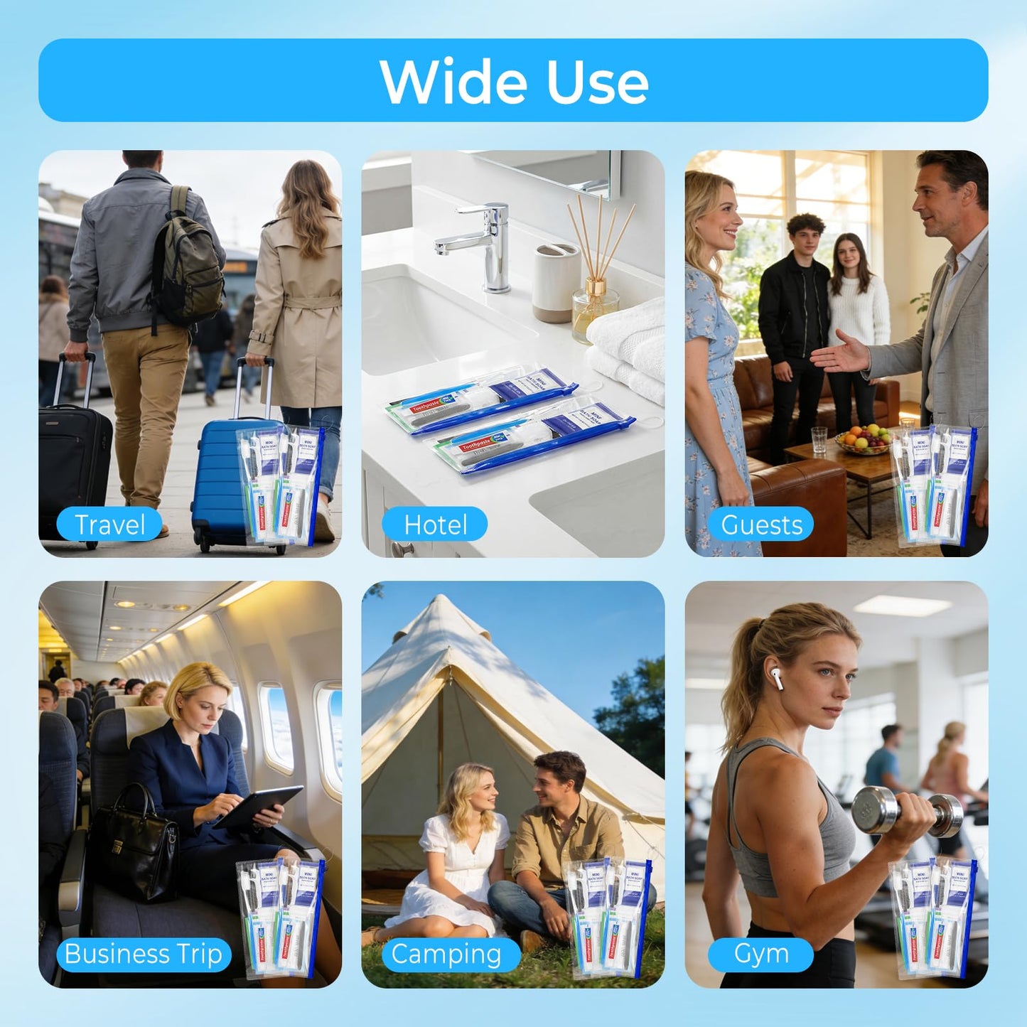 Xuezoioy Personal Hygiene Kit Bulk Pack of 100,Individually Wrapped 13-IN-1 Blue Disposable Basic Travel Toiletry Set Homeless Care Package Supplies for Men,Women,Guests,Charity