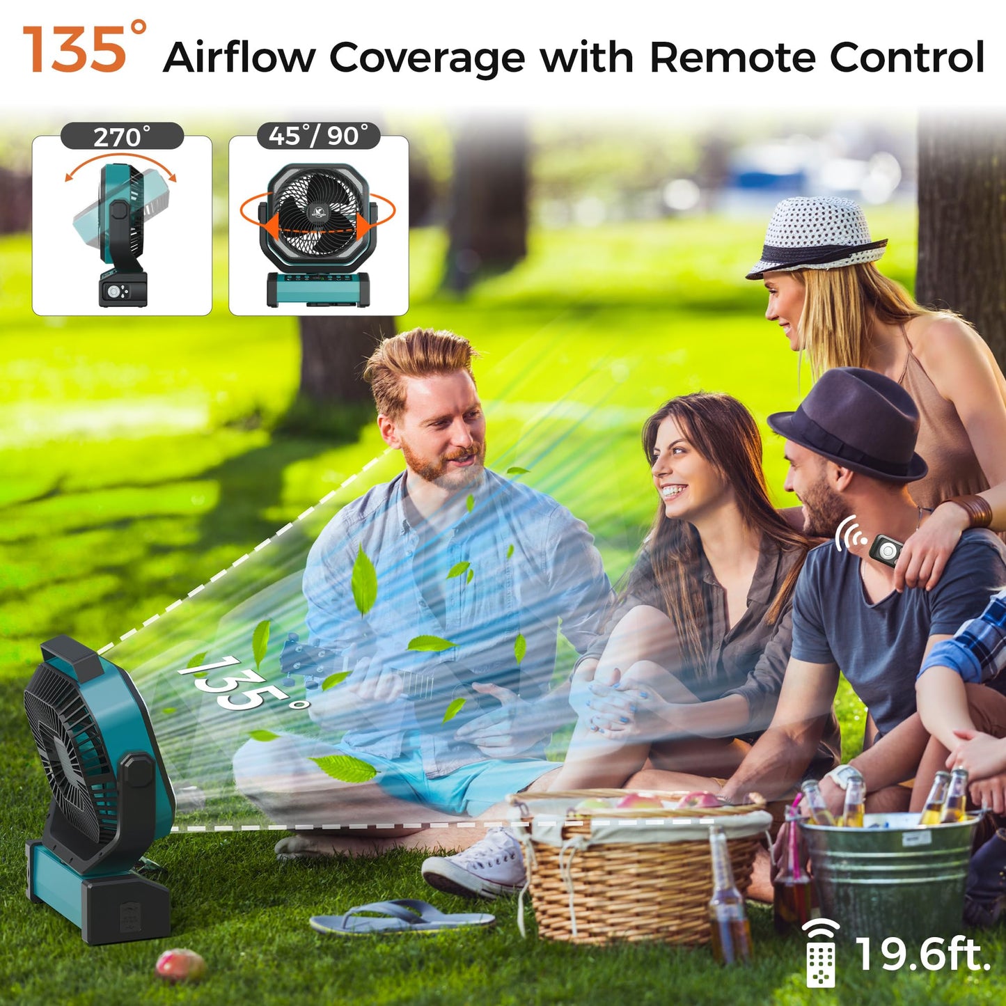 Camping Fan with Light - 20000mAh Rechargeable Battery Fan, 112Hrs Max Run Time, 8 Speeds, Digital Display, Timer, Auto Oscillation, 270° Pivot & Hook for Camping, Power Outage, Hurricane (Blue)