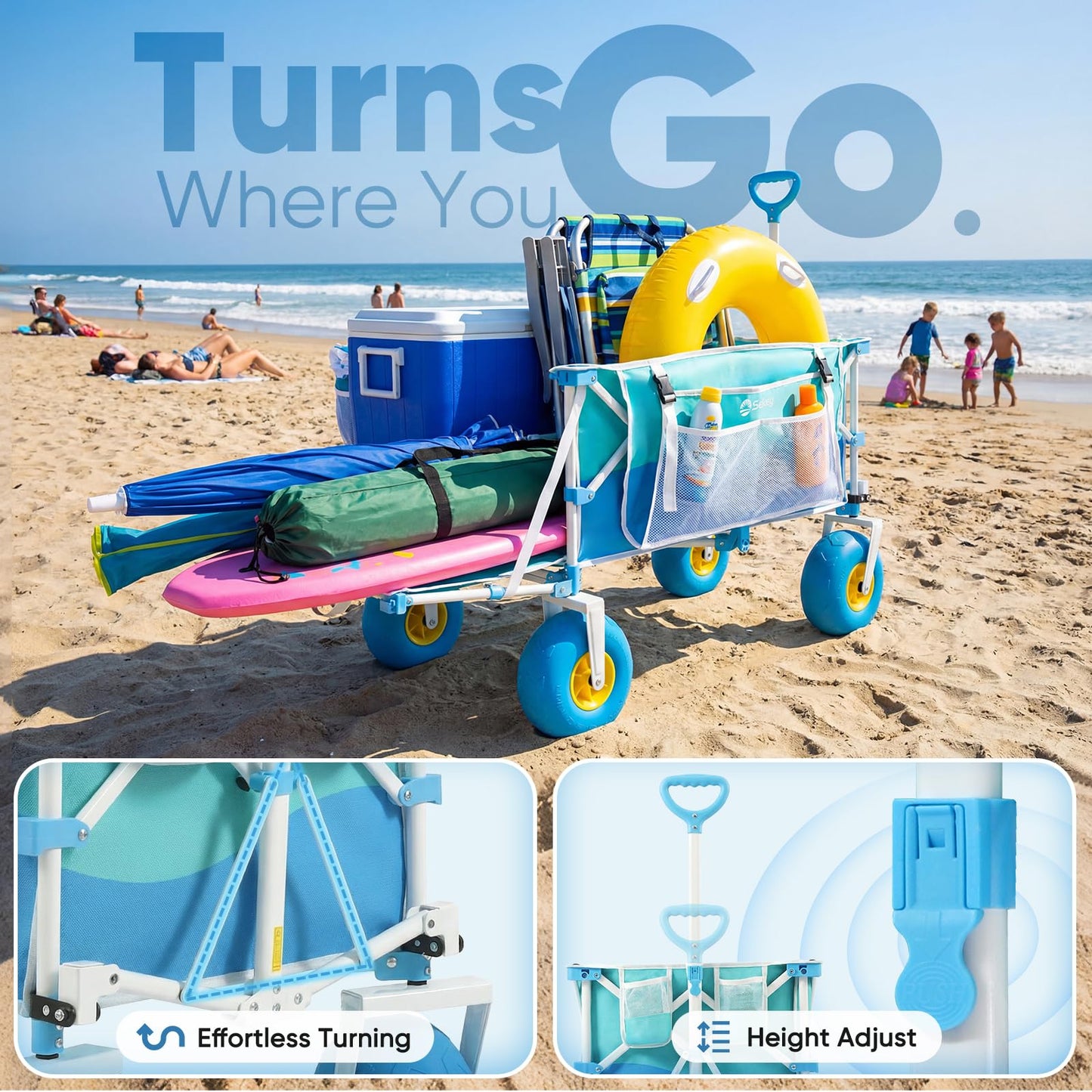 Sekey Heavy Duty Beach Wagon with 9" Big Sand-Proof Wheels, 300L Oversized Foldable Beach Cart with Cooler| Adjustable Handle & Balloon Tires for Sand, Camping,Vacation