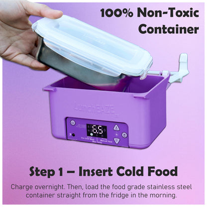 LunchEAZE JR Junior Kids Electric Lunch Box, Cordless Battery Powered Food Warmer for School, Child Safety Certified & BPA-Free, Automatic Self-Heating Container with Insulated Bag, 600mL (Purple)