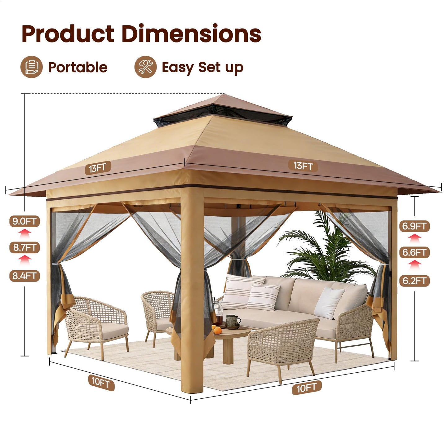 Driftalia 13x13 Pop Up Gazebo, Instant Outdoor Gazebo with Mosquito Netting, Vented Roof and Carry Bag for Patio, Garden & Backyard - Beige & Coffee
