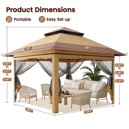 Driftalia 13x13 Pop Up Gazebo, Instant Outdoor Gazebo with Mosquito Netting, Vented Roof and Carry Bag for Patio, Garden & Backyard - Beige & Coffee