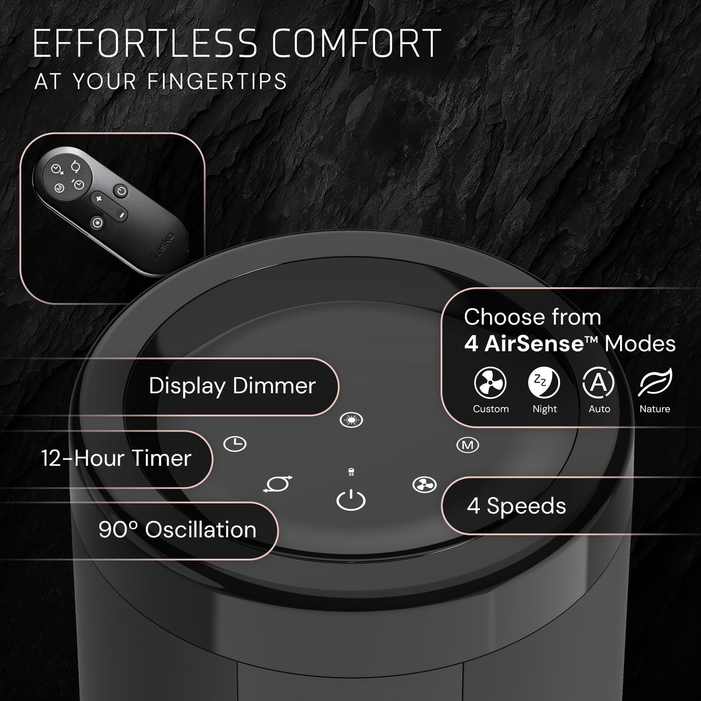 Lasko Elevation Tower Fan for Bedroom, Office, and Living Room - 42”-54” Adjustable Height Cooling with 31 ft/s Airflow and 90° Oscillation- Quiet 28 dB Operation - Remote Control - Black