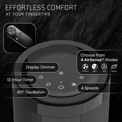 Lasko Elevation Tower Fan for Bedroom, Office, and Living Room - 42”-54” Adjustable Height Cooling with 31 ft/s Airflow and 90° Oscillation- Quiet 28 dB Operation - Remote Control - Black