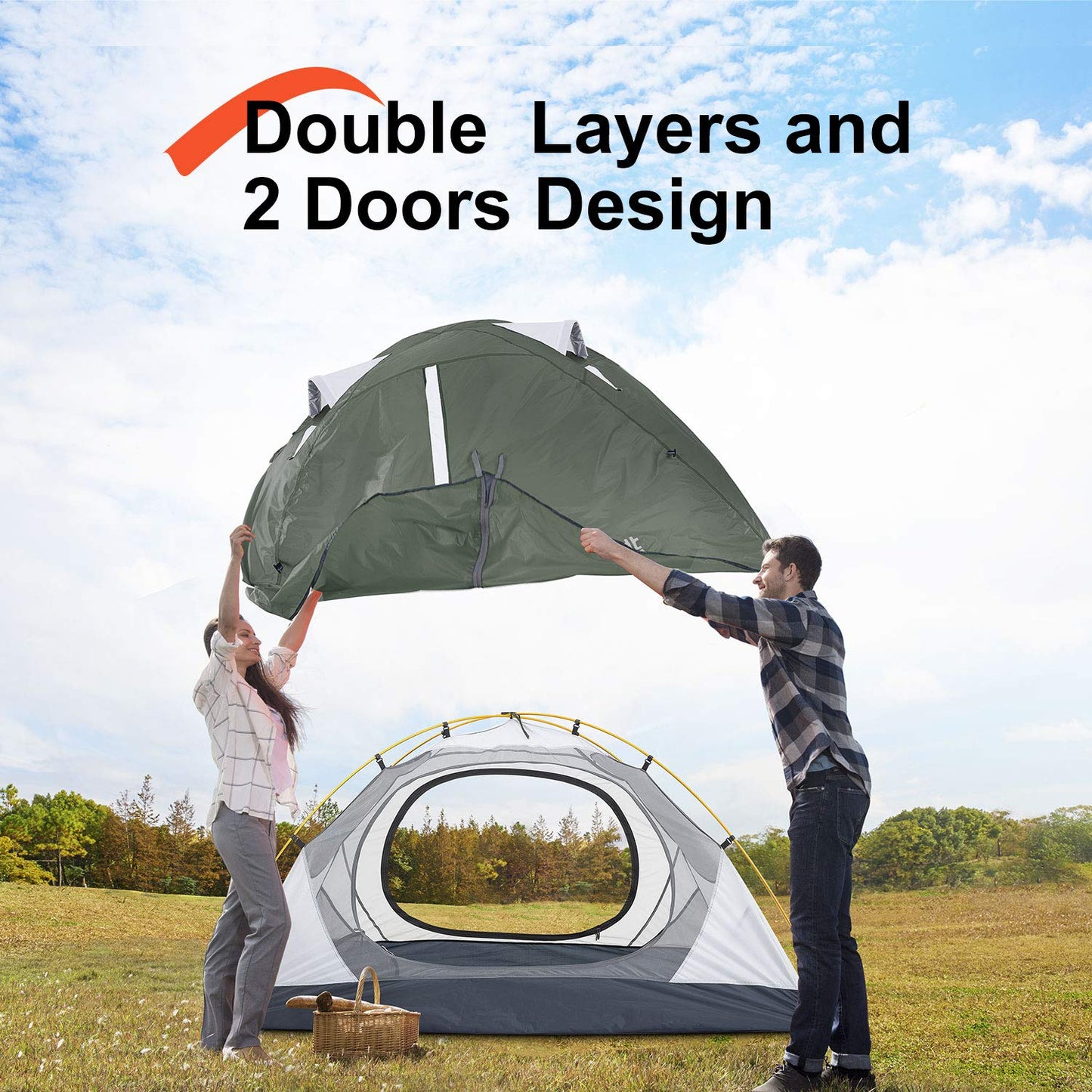 BISINNA 2 Person Camping Tent Lightweight Nylon Backpacking Tent Waterproof Windproof Two Doors Easy Setup Free Standing Double Layer Ultralight Tent for Camping Outdoor Hunting Hiking Mountaineering