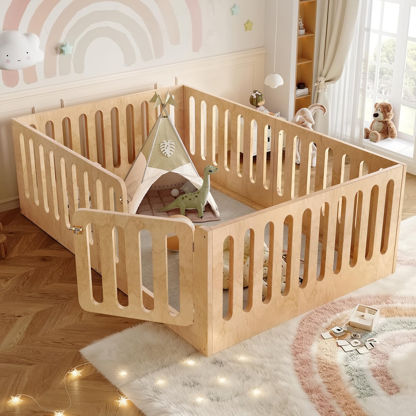 GDFStudio Full Size Montessori Floor Bed with Door, Solid Wood Kids Floor Bed Frame, Low Profile No Box Spring Needed, House Style Design, Sturdy Slats Support, Natural Finish, Easy Assembly
