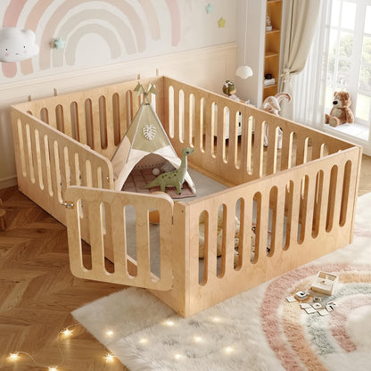 GDFStudio Full Size Montessori Floor Bed with Door, Solid Wood Kids Floor Bed Frame, Low Profile No Box Spring Needed, House Style Design, Sturdy Slats Support, Natural Finish, Easy Assembly