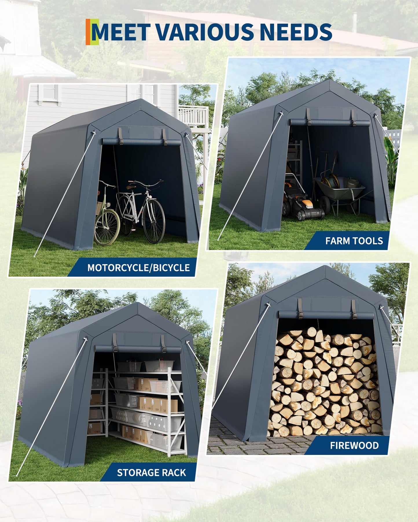 6x6 Ft Carport Heavy Duty Tent with Roll-Up Windows, Portable Garage with Removable Sidewalls & Doors, Car Canopy All-Season Tarp for Car Boat Truck Motorcycle, Grey