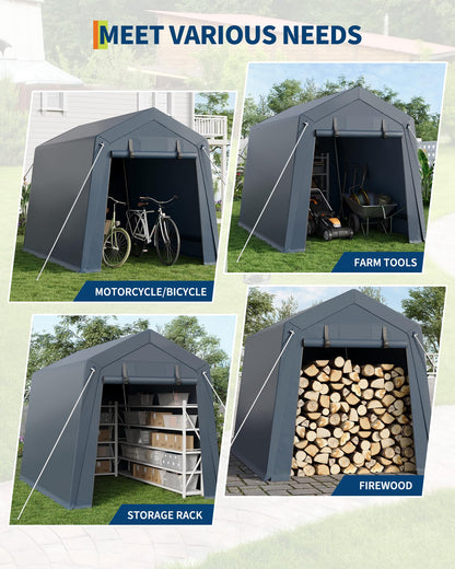 6x8 Ft Carport Heavy Duty Tent with Roll-Up Windows, Portable Garage with Removable Sidewalls & Doors, Car Canopy All-Season Tarp for Car Boat Truck Motorcycle, Grey