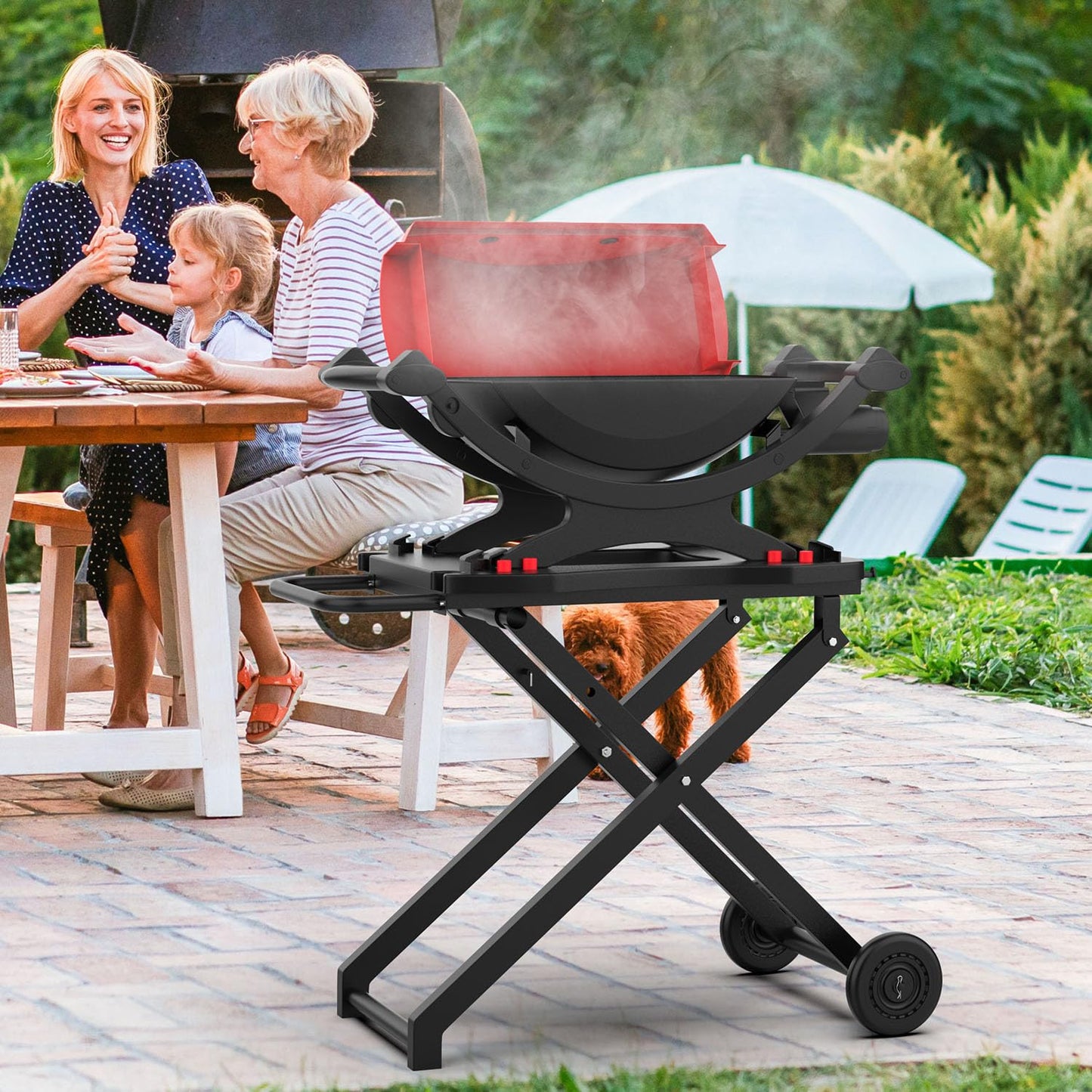 Grill Stand for Weber Q Grill Cart, BBQ Portable Grill Table for Weber Q1200 Q1000 Q2000 Q1400, Heavy-duty Trolley Collapsible Dining Table for Outdoor Camping BBQ Cooking Tailgating, Black, 2 Wheels