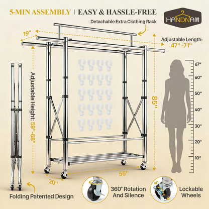 Heavy Duty Clothes Rack Load 620 LBS Foldable, Triple Rod Rolling Garment Rack for Hanging Clothes with Sturdy Wheels & Shelves, Adjustable ＆ Portable Commercial Clothing Rack with Lockable Wheels