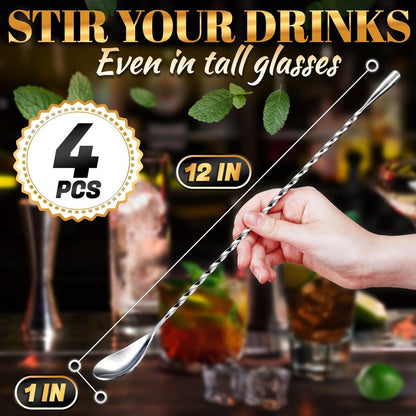 4 Pcs Bar Spoon Cocktail Mixing – Stirs Deep Glasses All the Way to the Bottom, Even Mixing & Easy Drink Layering – 12'' Long Balanced Stainless Steel Cocktail Stirrers for Drinks with Twisted Handle