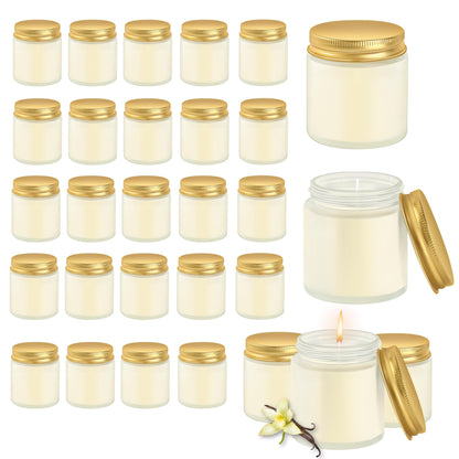 Cmoott 24 Pcs 4 Oz Mason Jar Candles, Vanilla Scented Soy Candles Bulk Set for Stress Relief and Relaxation, Great Favors for Wedding, Christmas, Housewarming Gifts (Gold,Frosted Glass, Vanilla, 24)