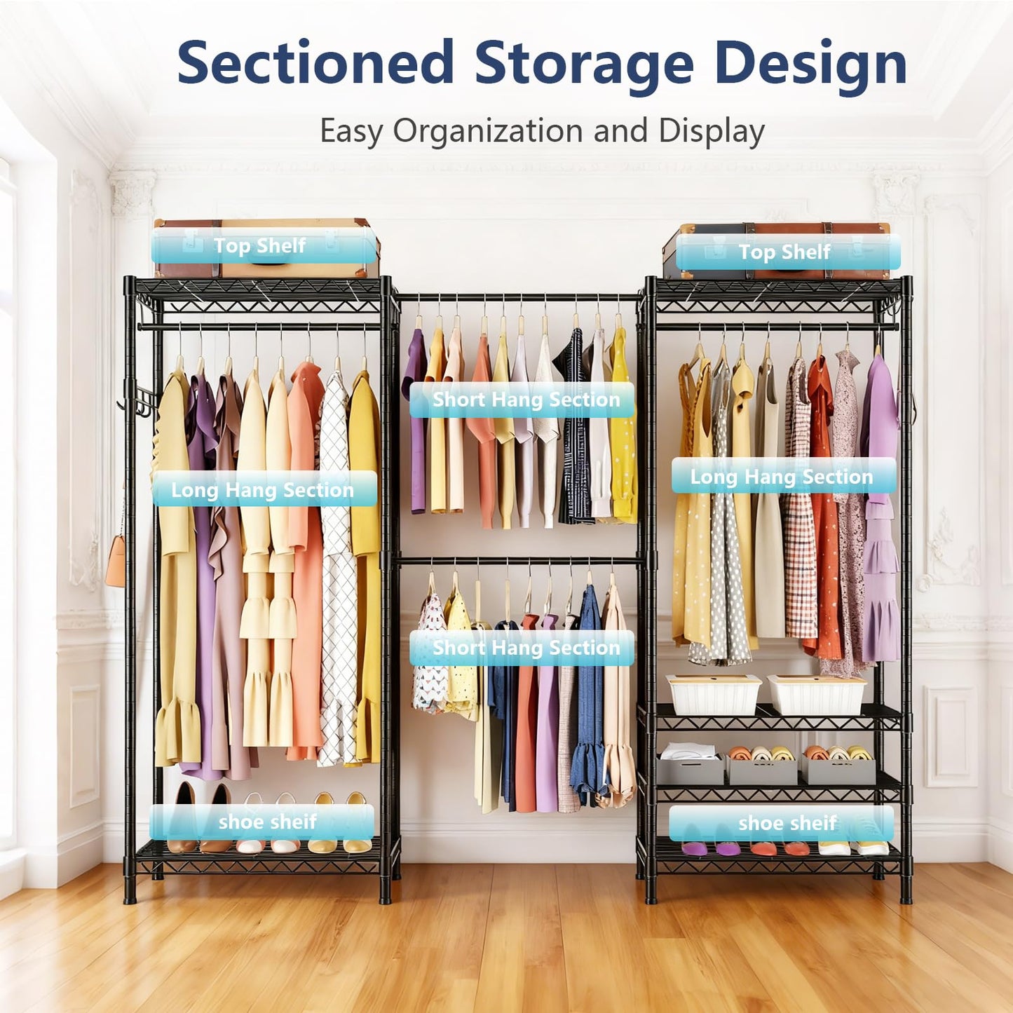 VANZBON Heavy Duty Closet Garment Rack, 6 Tiers Adjustable Metal Freestanding Expandable Clothing Storage with 4 Hanger Rods, Easy to Assemble Wardrobe, 71.4" H x (70" - 88.2") L x 14" D, Black