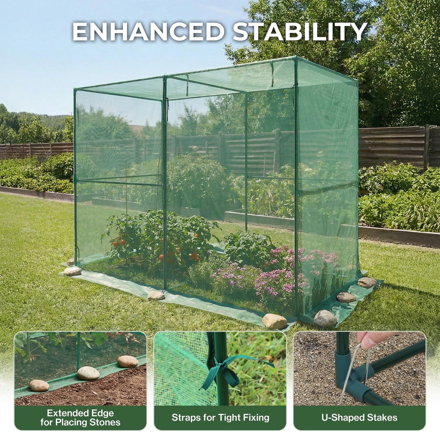 Aoodor 8x4x6 FT Crop Cage, Plant Protection Tent with Heavy Duty Steel Frame and Zippered Doors, Green Netting Cover for Garden, Lawn, Yard