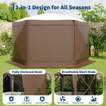 GarveeLife 11.5x11.5FT 6-Sided Pop Up Gazebo Tent，One-Push Setup Canopy Tent with Mesh Panels & Removable Wind Cloths, Outdoor shelter for Camping, Backyard Parties, Outdoor Events - Beige & Khaki