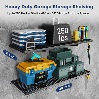 ZUCIRE 2-Pack Garage Wall Shelving, 1.5 x 4 FT Heavy Duty Wall Mounted Garage Storage Shelves, 500 lbs Capacity Metal Garage Rack with 8 Hooks, Hanging Storage Shelf for Tools, Bins and Equipment