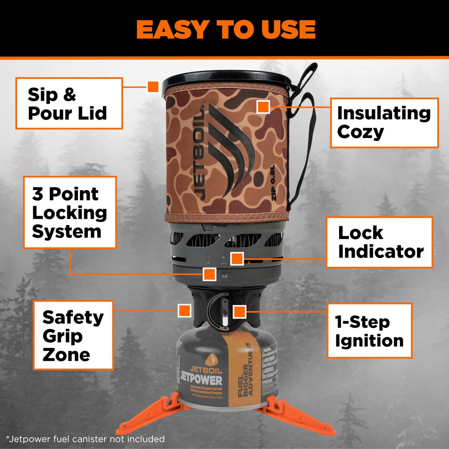 Jetboil Zip 0.8L Portable Fast Boil Stove with Easy-Turn Knob Igniter for Backpacking and Camping, Propane/Isobutane Burner, New for 2026 – Duck Camo