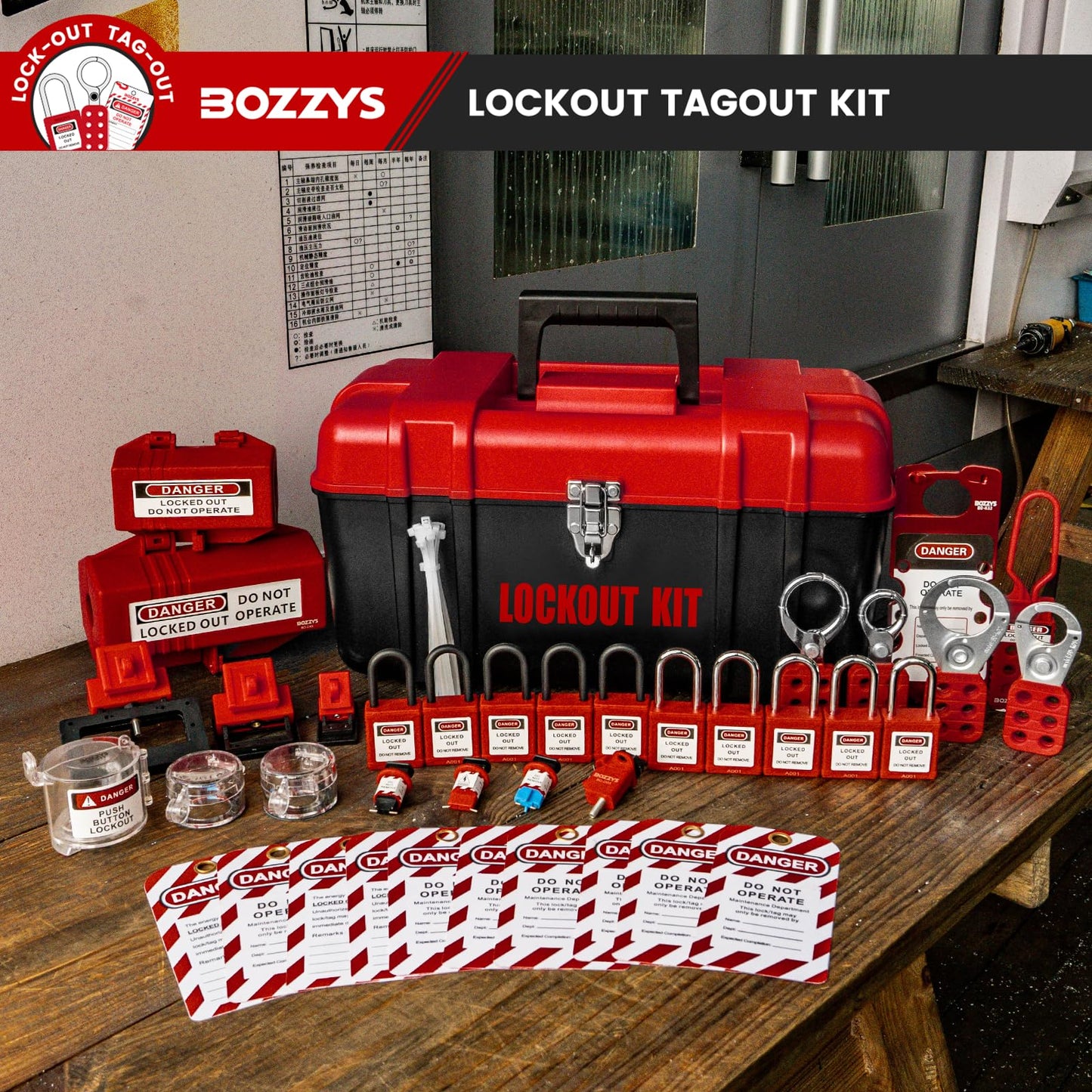 BOZZYS Portable Lockout Tagout Kit - 39 Pack OSHA Compliant | Red Loto Locks to Prevent Accidental Startup | for Industrial Electrical Plug & Breakers Lock Out Tag Out