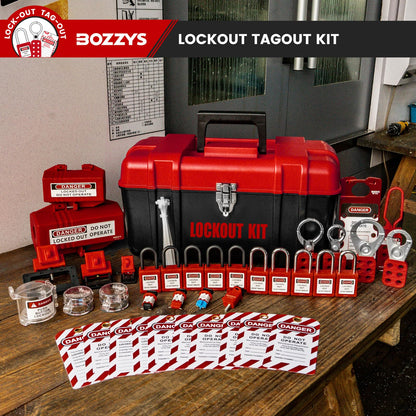 BOZZYS Portable Lockout Tagout Kit - 39 Pack OSHA Compliant | Red Loto Locks to Prevent Accidental Startup | for Industrial Electrical Plug & Breakers Lock Out Tag Out