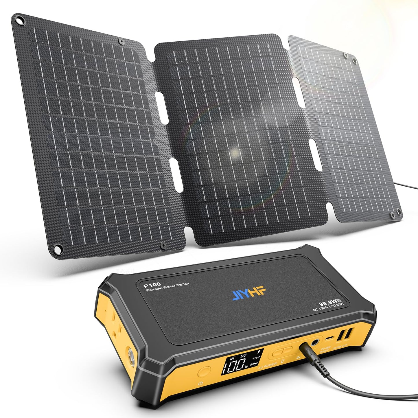 JIYHF Portable Power Station 99.9Wh with Foldable Solar Panel 30W, Laptop Charger & Backup Power with 65W USB-C PD, 100W AC Outlet, 12V DC Output, LED Light for Camping, Home Backup, Emergency, RV