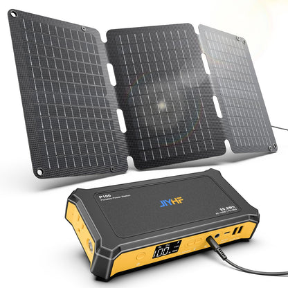 JIYHF Portable Power Station 99.9Wh with Foldable Solar Panel 30W, Laptop Charger & Backup Power with 65W USB-C PD, 100W AC Outlet, 12V DC Output, LED Light for Camping, Home Backup, Emergency, RV