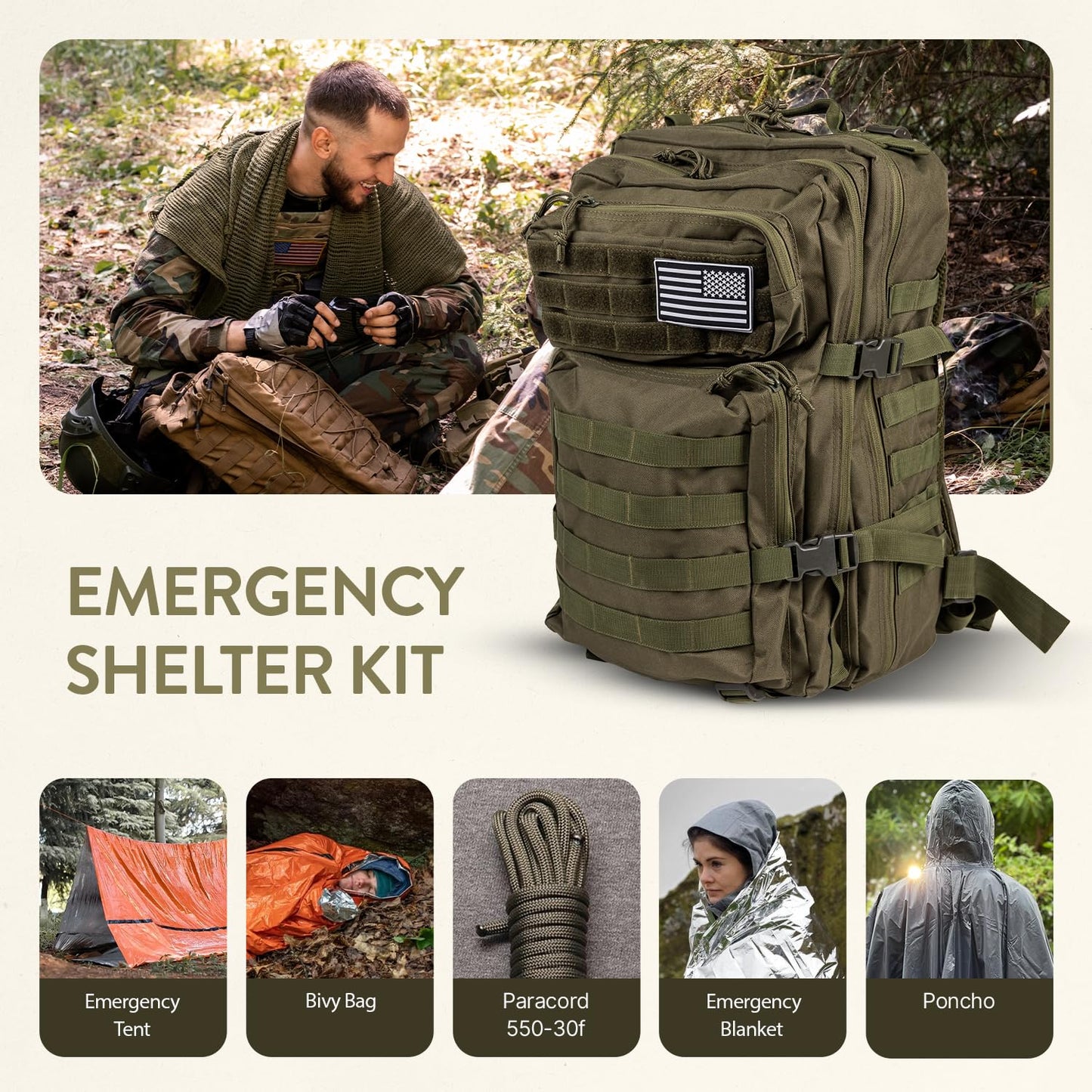 TacPreps 72 Hour Survival Kit, 45L Bug Out Bag with Emergency Food, Water Filter, First Aid Kit, Shelter and Survival Tools