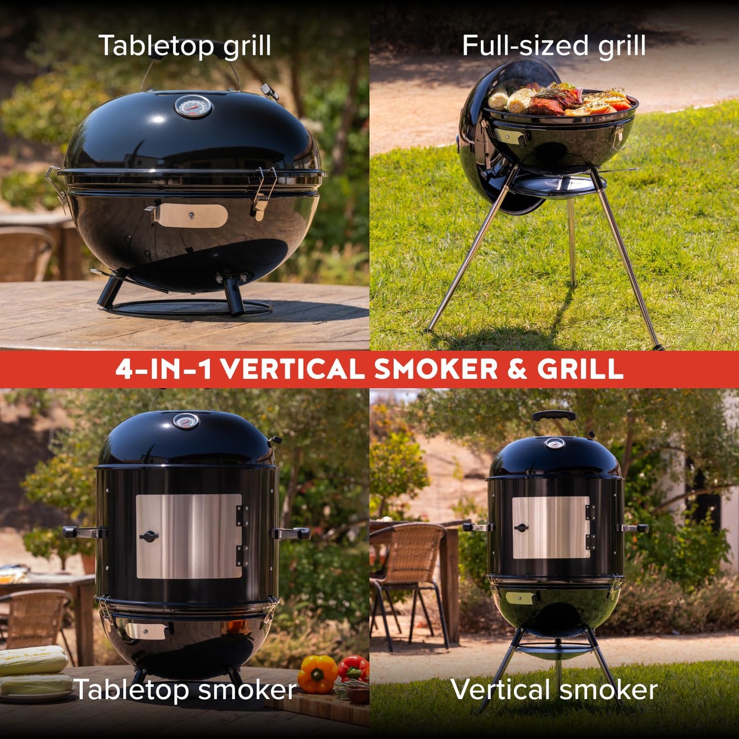 Megamaster Vertical 18 Inch Charcoal BBQ Smoker, 4-in-1 Portable Outdoor Grill with Adjustable Air Vent, 600 SQ. In Cooking Area, Built-in Temperature Gauge, BBQ Grill for Camping, Picnics - 810-36014