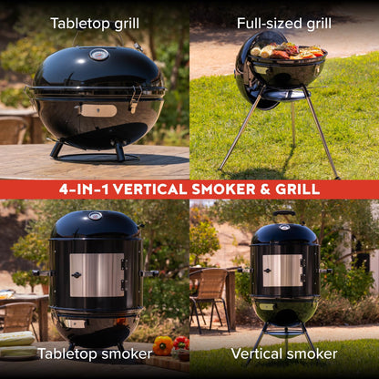 Megamaster Vertical 18 Inch Charcoal BBQ Smoker, 4-in-1 Portable Outdoor Grill with Adjustable Air Vent, 600 SQ. In Cooking Area, Built-in Temperature Gauge, BBQ Grill for Camping, Picnics - 810-36014