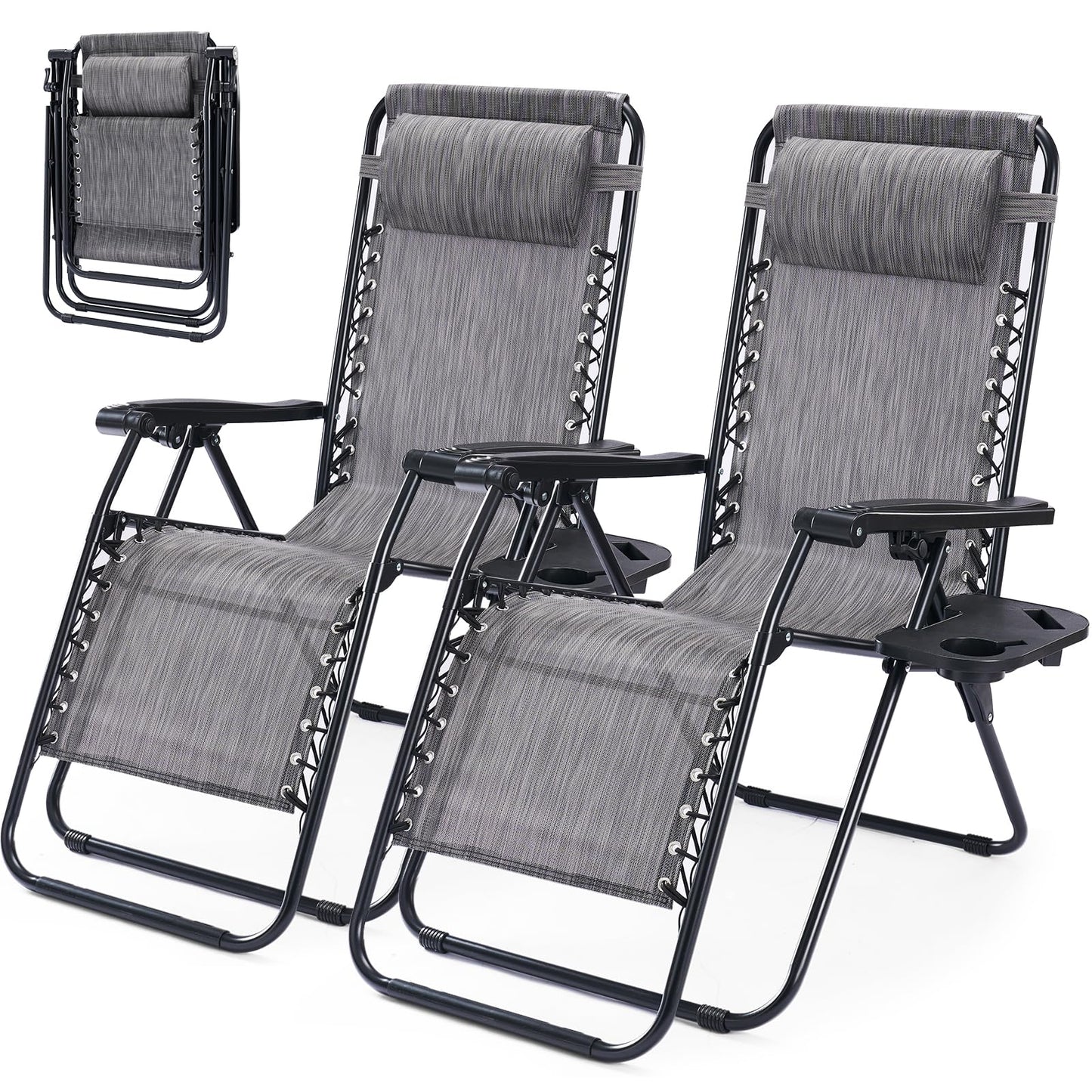 HAPPYMONT Zero Gravity Chair Set of 2, Adjustable Folding Reclining Lounge Chairs with Mesh Back, Adjustable Pillows & Cup Holder Trays, Outdoor Patio Lawn Chairs for Pool, Beach & Camping, Grey