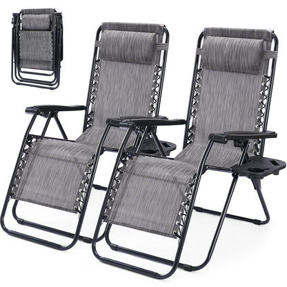 HAPPYMONT Zero Gravity Chair Set of 2, Adjustable Folding Reclining Lounge Chairs with Mesh Back, Adjustable Pillows & Cup Holder Trays, Outdoor Patio Lawn Chairs for Pool, Beach & Camping, Grey
