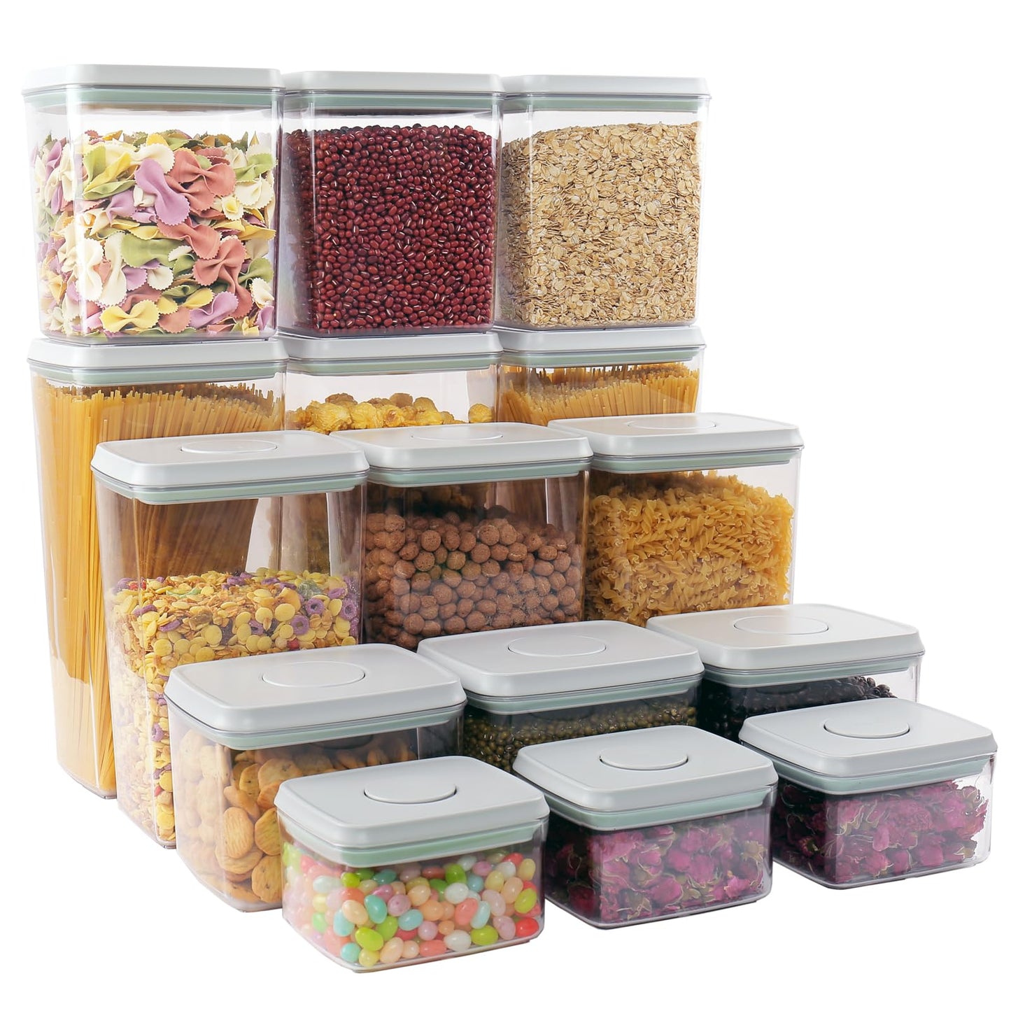 Cozey Daily Pop Containers with Lids - Stackable Airtight Food Storage, Kitchen Pantry Storage Containers for Snacks Candy Salt Herbs Spices BPA-Free (15PCS (0.5 + 1.2 + 2.0 + 2.7 + 3.3 Qt) * 3)