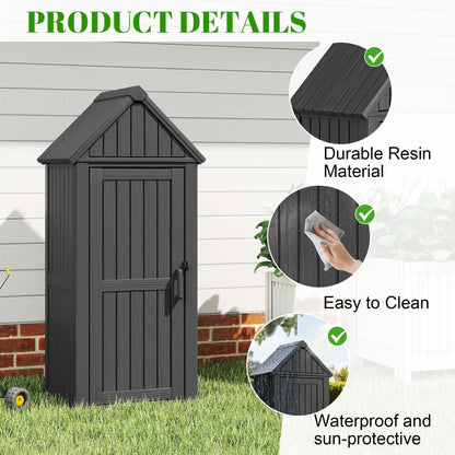 WTFGO Vertical Outdoor Storage Shed, Waterproof Resin Outdoor Storage Cabinet with Removable Shelves & 12 Hooks, Lockable Small Tool Shed for Garden, Backyard, Patio, Pool, Black