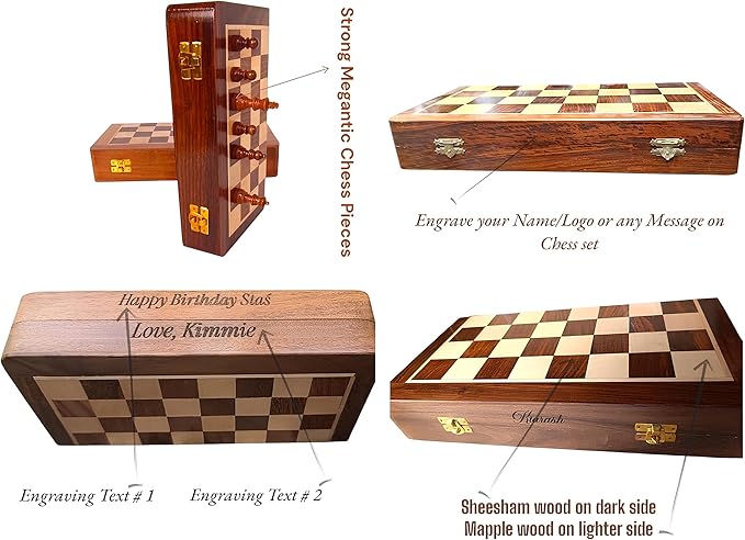 Personalized Wooden Chess Set | Magnetic Folding Travel Board with Storage Box 10 in &amp 2 Extra Queens (10 inch x 10 inch)