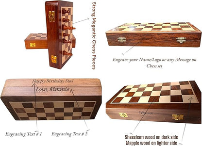 | Personalized Wooden Chess Set | Magnetic Folding Travel Chess Board with Storage &amp 2 Extra Queens (12 x 12 Inch Brown)