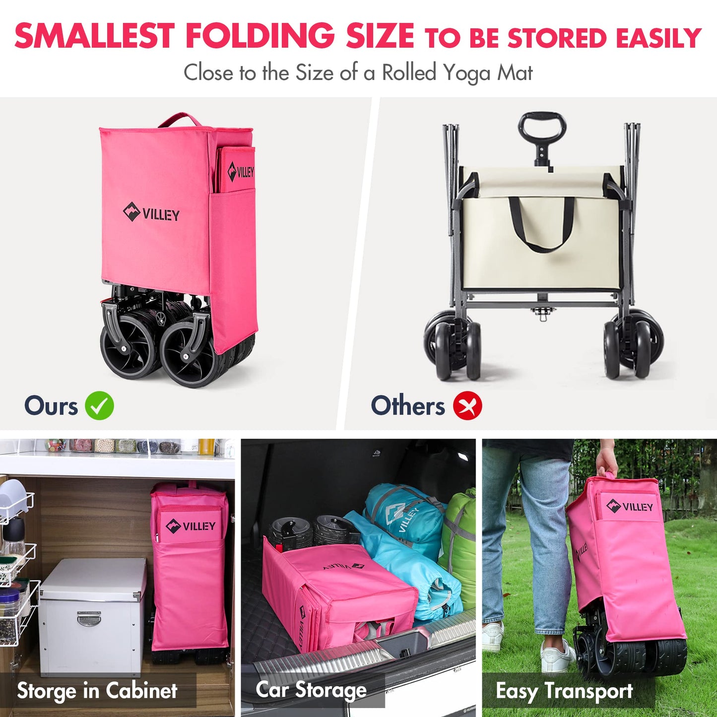 VILLEY Collapsible Folding Wagon with Big Wheels, Enlarged 225lbs Capacity, All Terrain Wagons Carts Heavy Duty Foldable, Portable Utility Garden Cart with 2 Cup Holders and Brake, Pink.