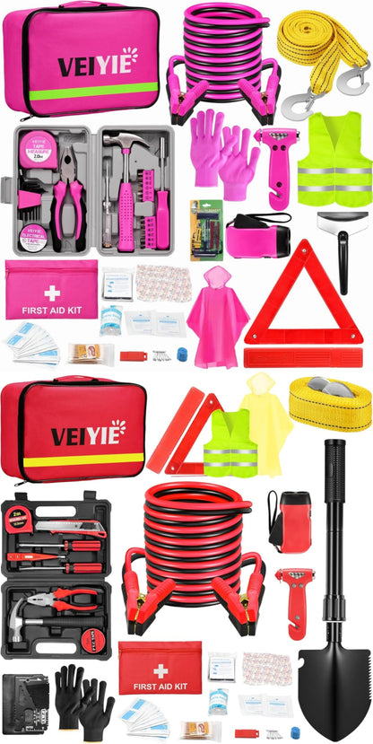 Roadside Emergency Car Kit for Vehicles, Pink Car First Aid Kit Emergency Kit with Jumper Cables, Car Safety Kits, Tow Strap, Tool Kit, Road Trip Assistance for Men, Women, New Driver Gifts