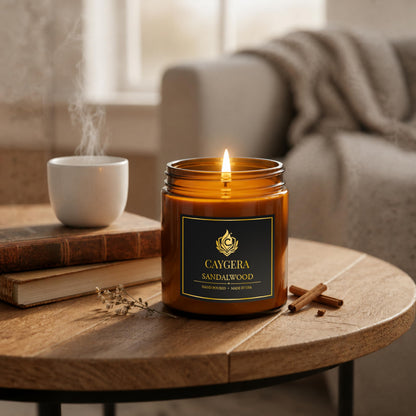 Hand-Poured Candle, Soy Wax Blend Scented Candle, Amber Glass Jar with Lid, Long Burn Time, Small Batch Handmade Home Fragrance Candle for Relaxation & Home Decor (9 Oz, Sandalwood)