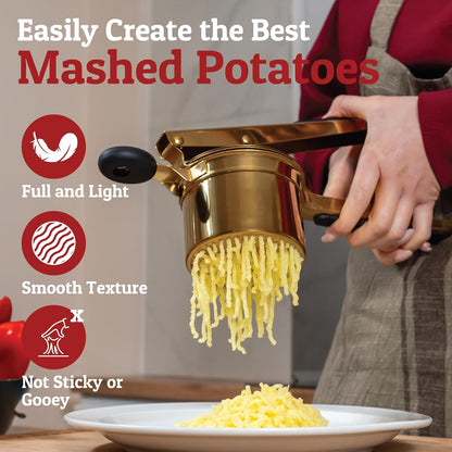 PriorityChef 15oz Heavy Duty Potato Ricer - Stainless Steel Masher with 3 Discs | Gold & Black Silicone