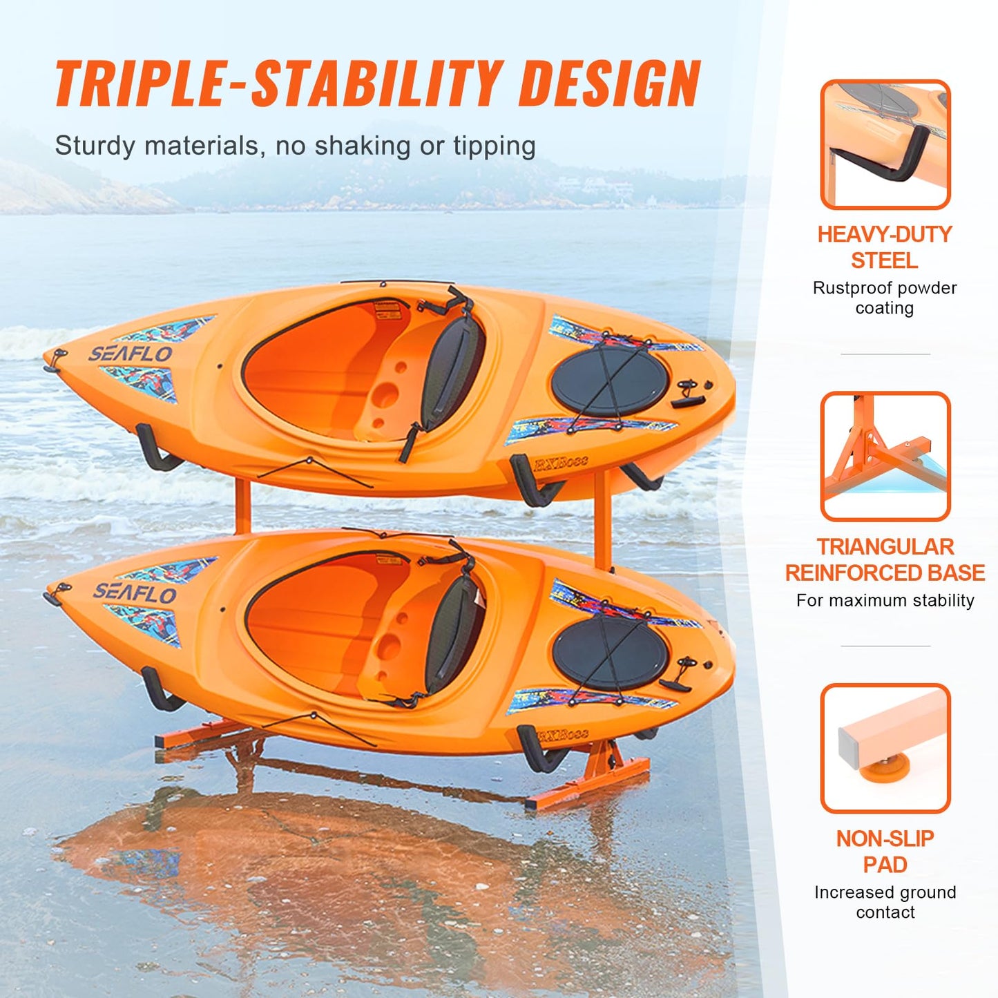 VEVOR Freestanding Kayak Storage Rack, Kayak Stand for 4 Kayak Canoe Paddleboard, Heavy-duty Steel Kayak Hanger Holder with Padded Arms and Adjustable Width, 220LBS Max Load, for Indoor Outdoor Garage