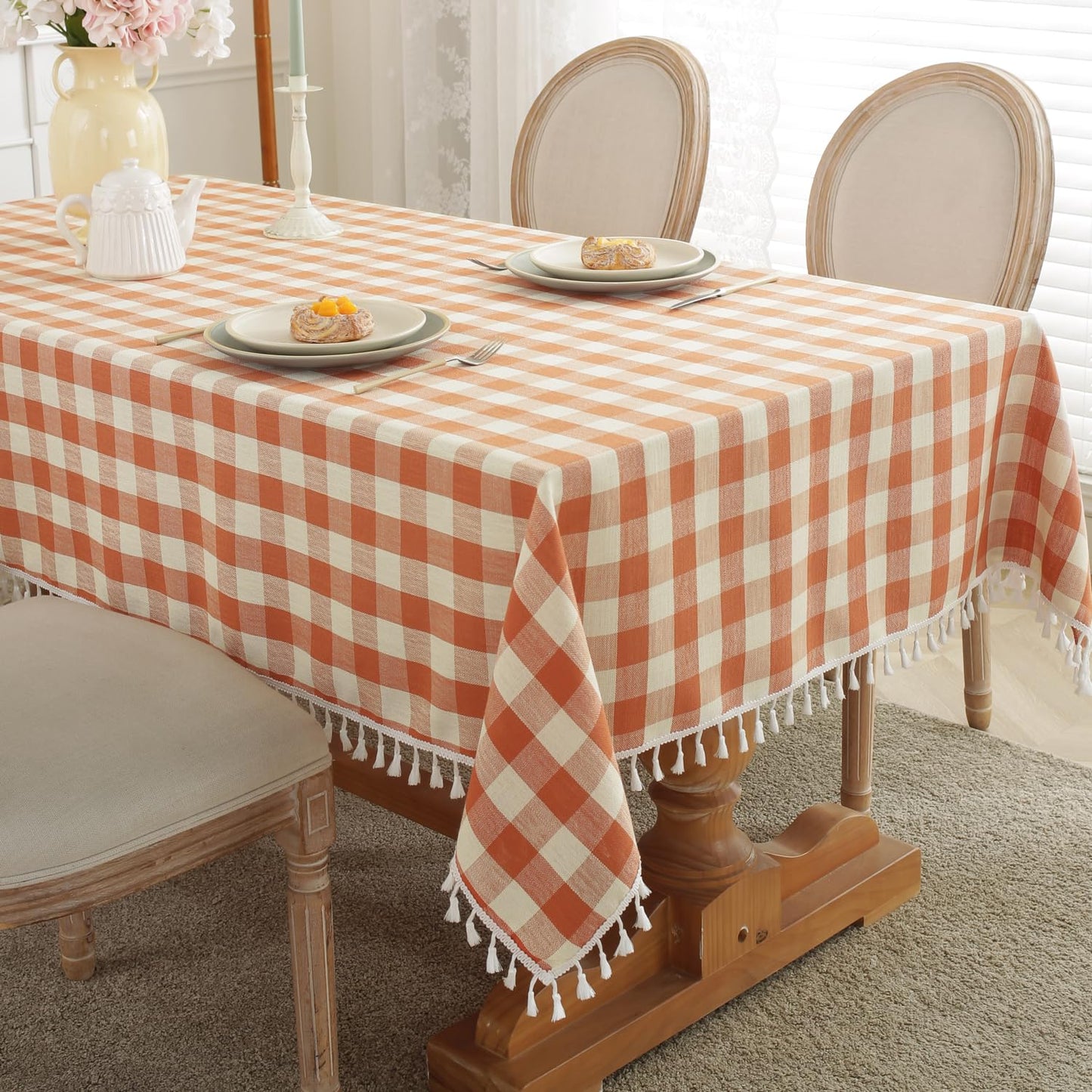 Laolitou Checkered Fall Holiday Tablecloth Rectangle Washable Buffalo Plaid Table Cloth with Tassel Cotton Linen Thanksgiving Gingham Table Cover for Picnic Kitchen Dining Room, Orange, 55 x 55 Inch