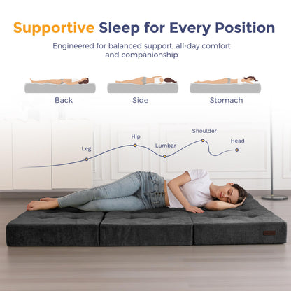 MAXYOYO 6" Folding Sofa Bed for Floor, Tufted Tri-Fold Floor Couch Bed with Chenille Fabric, Twin Size Portable Sofa Couch Guest Mat for Adults, Foldable Topper for Camping, Dark Grey, 35.4"x75"