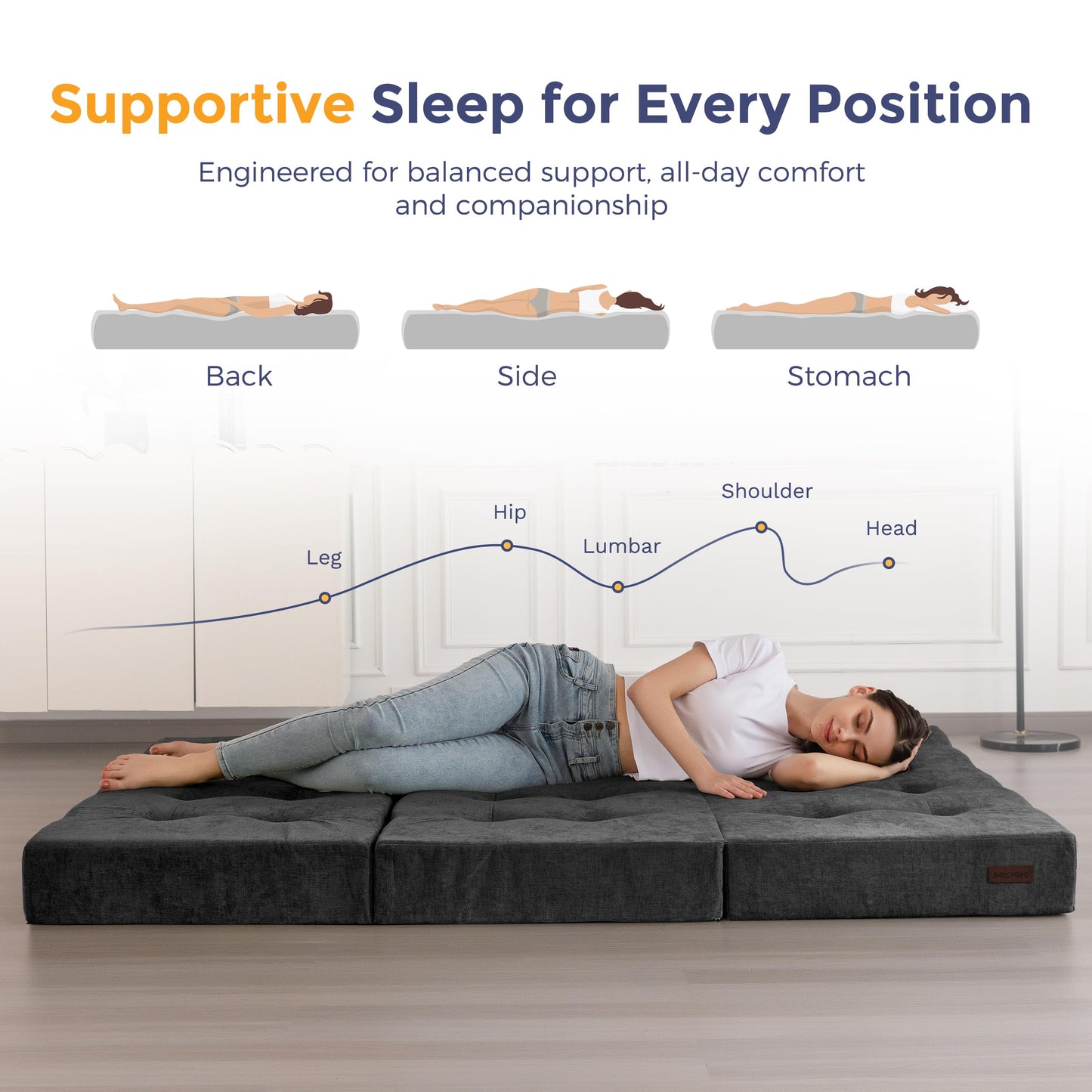 MAXYOYO 6" Folding Sofa Bed for Floor, Tufted Tri-Fold Floor Couch Bed with Chenille Fabric, Full Size Portable Sofa Couch Guest Mat for Adults, Foldable Topper for Camping, Dark Grey, 53"x75"