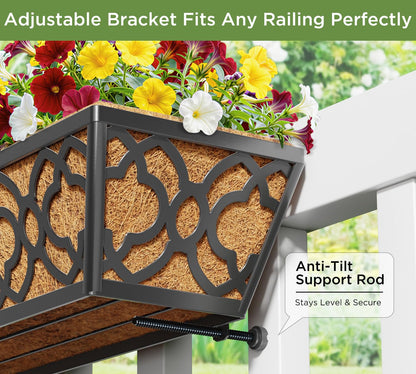 Y&M Railing Planter Boxes 24 Inch 2 Pack, Hanging Balcony Planter, Adjustable Deck Railing Planter Box, Metal Window Boxes Outdoor for Fence, Porch Flower Pots Holder