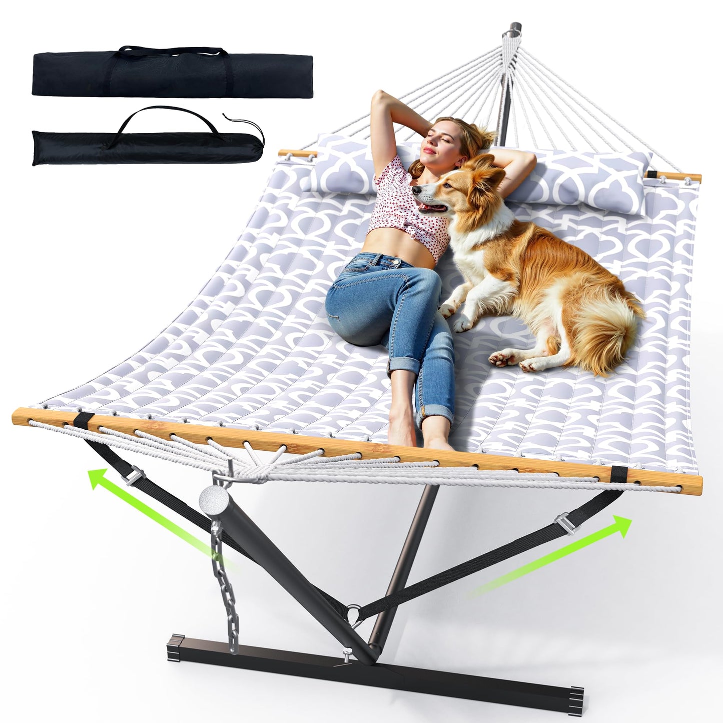 ANAGOO Double Hammock with Stand, Heavy Duty Outdoor Hammock for Two, 500 LBS Capacity, Stable Steel Frame with Balance Strap, Easy Tool-Free Assembly for Patio, Garden, Backyard & Beach,White Grey