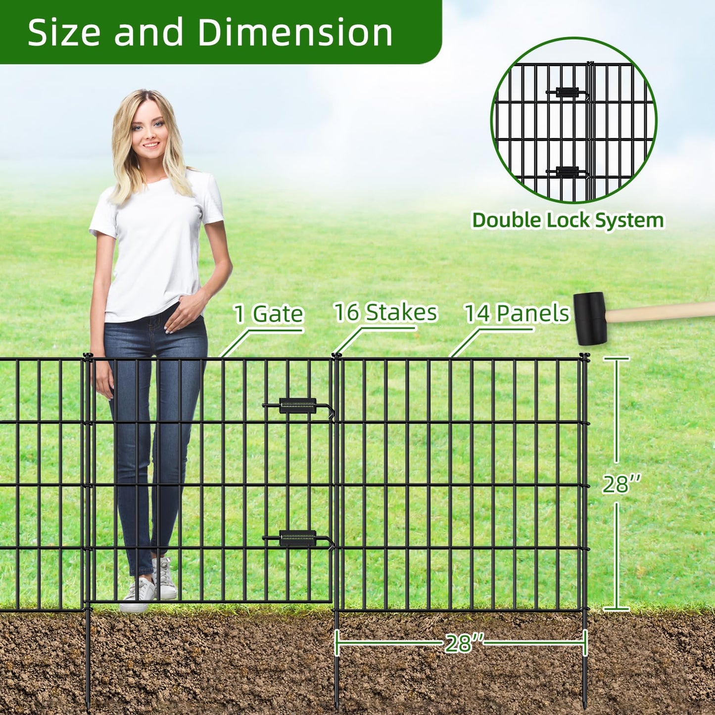 FOREHOGAR Metal Garden Fence 28in (H) x 35ft (L), 1 Gate + 14 Panels Dog Fences Border Fence Animal Barrier, No Dig Garden Fencing for Yard Flower Bed Lawn Patio Outdoor, PIN282815G Black
