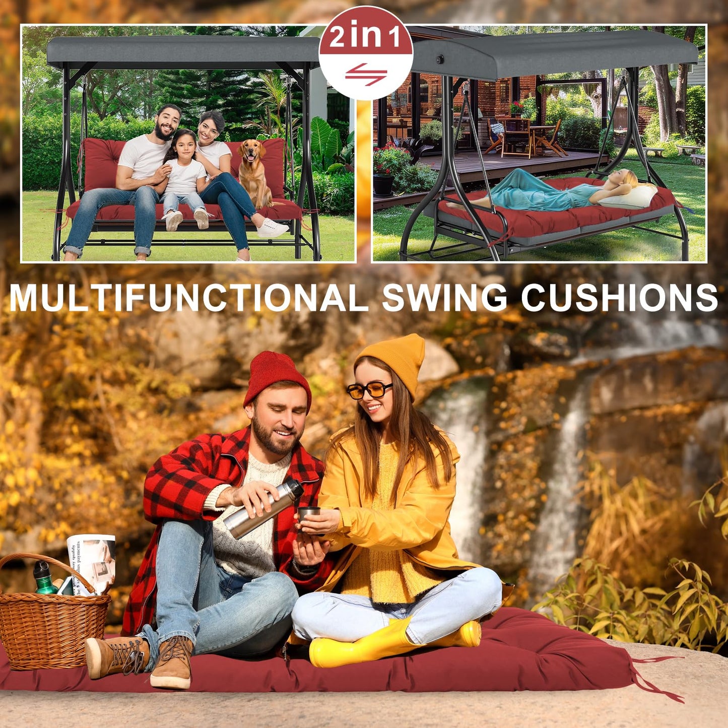KGOSAUO Durable Extra 5" Thick Waterproof Porch Swing Cushions Outdoor 60 inch Fade-Resistant Swing Bench Cushions 3 Seater Replacement with Backrest for Outdoor Patio Backyard Furniture(Wine Red)