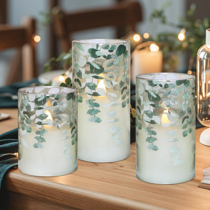 Immeiscent Green Glass Flameless Candles Remote Timer Eucalyptus Leaves Greenery Design Battery Operated Flicker Pillar Candle for Wedding Centerpiece Spring Easter Farmhouse Home Decoration, Set of 3