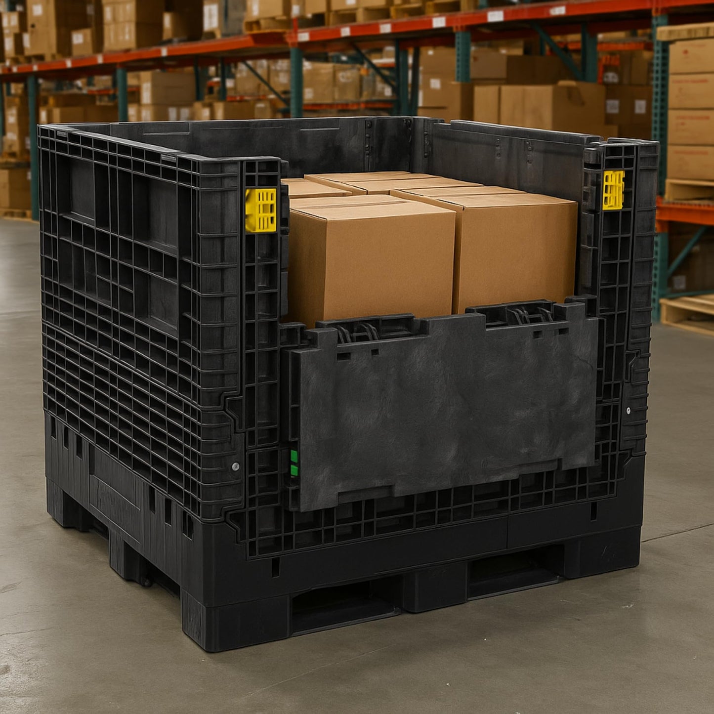 Buckhorn 48" x 45" x 41" Collapsible Bulk Box Container, Extra-Duty Plastic Stacking Gaylord Box with 4-Way Forklift Access and 2 Drop Doors, 1700 lb Capacity Storage Tote, Black (BR48454120)