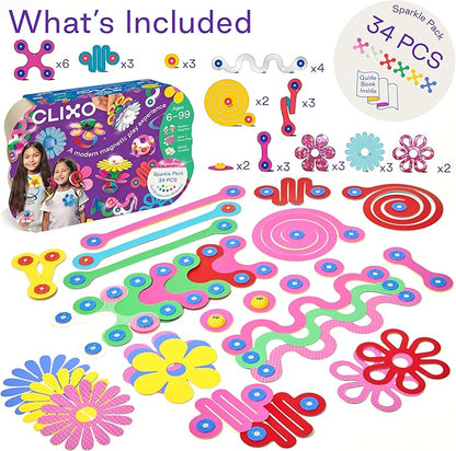 Clixo Sparkle Pack – 34-Piece Magnetic Building Set with Holographic Patterns | Create Necklaces Bracelets &amp Headpieces | Flexible STEAM Toy for Kids Ages 6+